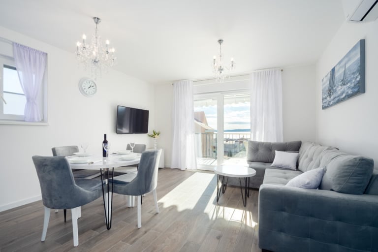 Living and dining room in the Blue Apartment